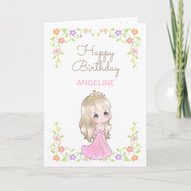 Cute Pink Dress Princess Floral Photo Birthday  Card (Front)