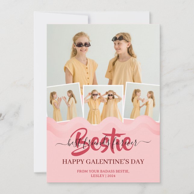Cute Pink Drip Happy Galentines day bestie Photo Holiday Card (Front)