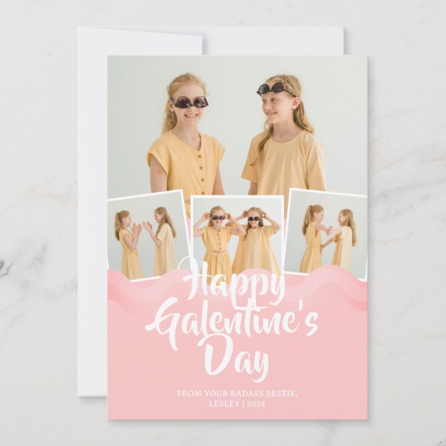 Cute Pink Drip Happy Galentines day bestie Photo Holiday Card (Front)