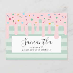 Cute Pink Drip Sprinkle Birthday Party Invitation Postcard