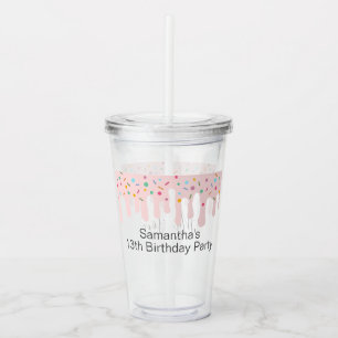 Cute Pink Drip Sprinkle Birthday Party Name Favour Acrylic Tumbler