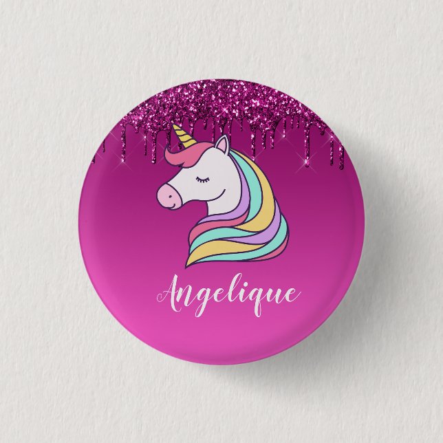 Cute Pink Dripping Glitter Personalised Unicorn 3 Cm Round Badge (Front)