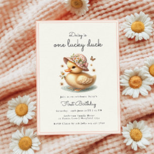 Cute Pink Duck Baby Girl First Birthday Invitation