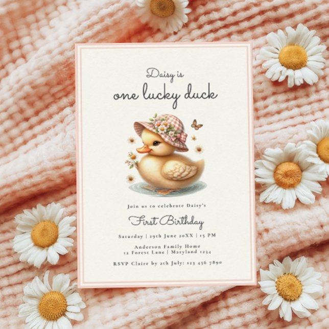 Cute Pink Duck Baby Girl First Birthday Invitation (Creator Uploaded)