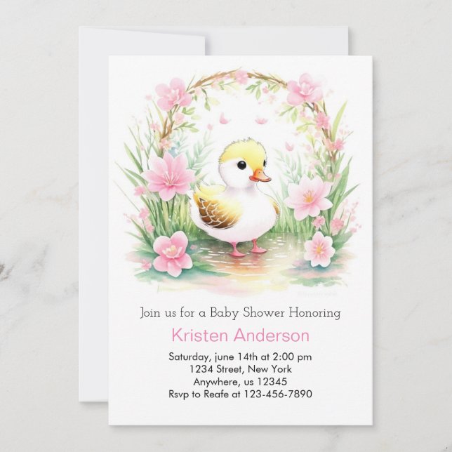 Cute Pink Duckling Watercolor Girl Baby Shower Invitation (Front)