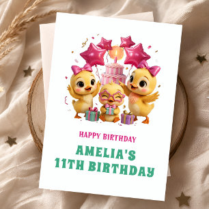 Cute Pink Ducklings Happy Birthday Card for Girls