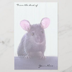 Cute Pink Eared Mouse Drawing Add Your Name Stationery
