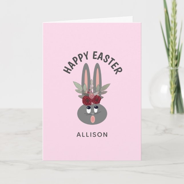 Cute Pink Easter Bunny Floral Personalised Kids Holiday Card (Front)