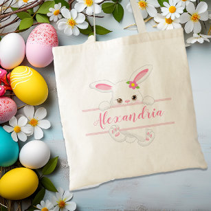 Cute Pink Easter Bunny Personalised Girl Tote Bag