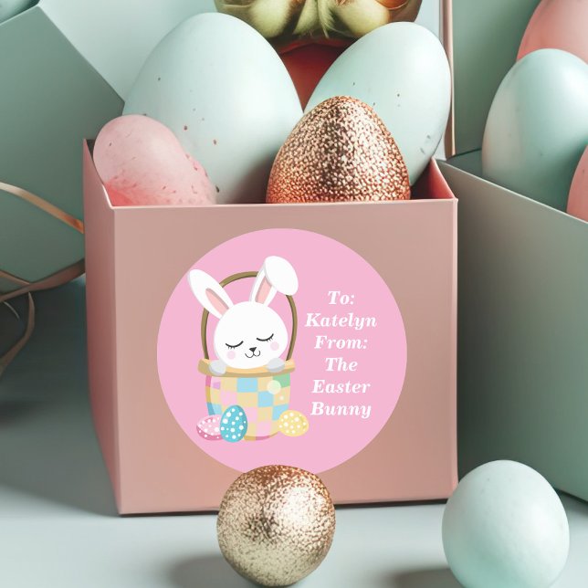 Cute Pink Easter Bunny Personalised Kids Gift Classic Round Sticker (Creator Uploaded)