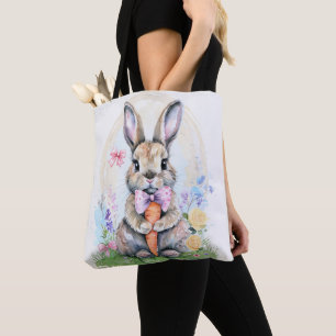Cute Pink Easter Bunny Rabbit Egg Watercolor Tote Bag