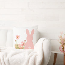 Cute Pink Easter Bunny with Spring Flowers 