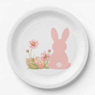 Cute Pink Easter Bunny with Spring Flowers Paper Plate
