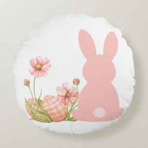 Cute Pink Easter Bunny with Spring Flowers  Round Cushion