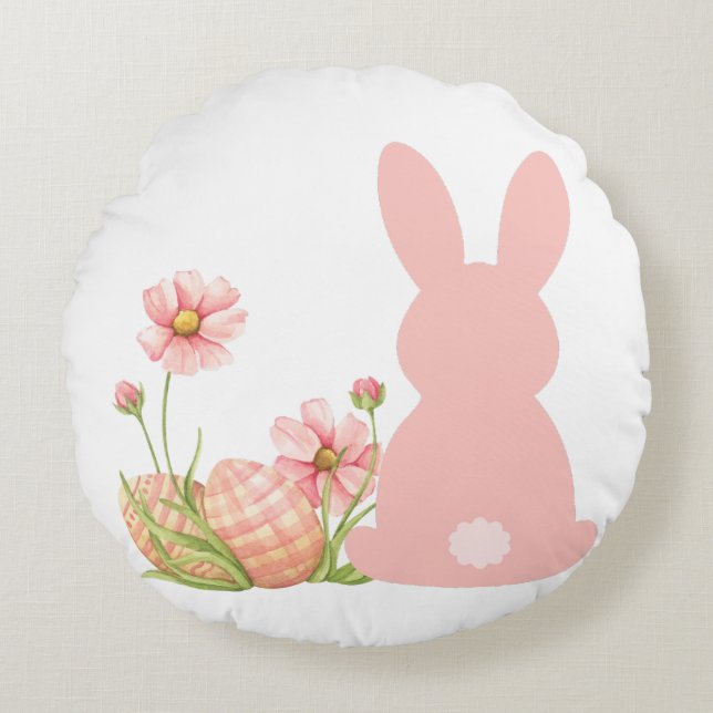 Cute Pink Easter Bunny with Spring Flowers  Round Cushion (Front)