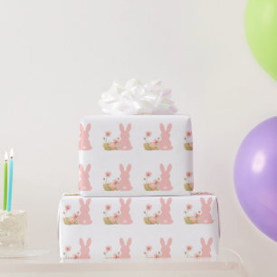 Cute Pink Easter Bunny with Spring Flowers Wrapping Paper