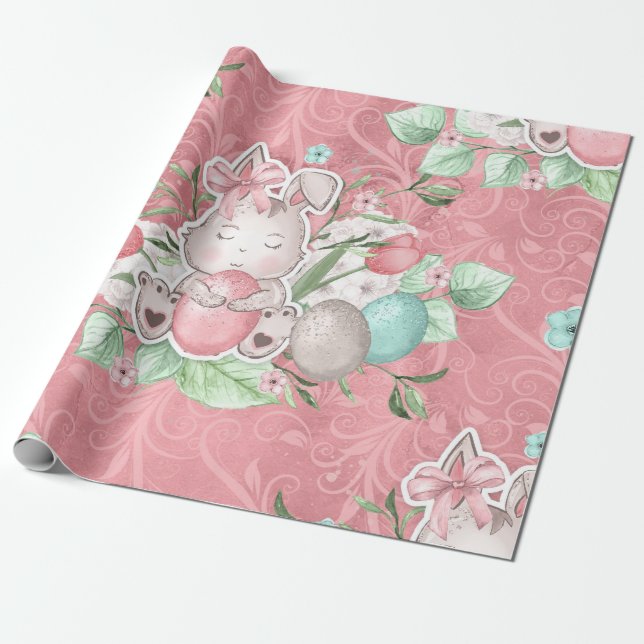 Cute Pink Easter Bunny Wrapping Paper (Unrolled)
