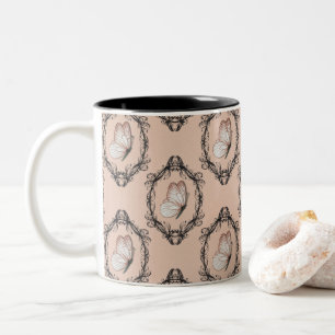 Cute Pink Elegant Butterfly Damask Pattern Two-Tone Coffee Mug