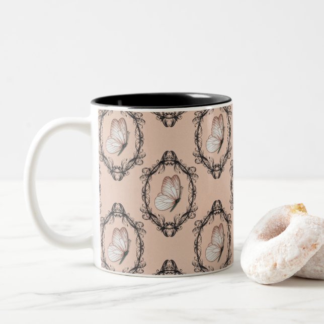 Cute Pink Elegant Butterfly Damask Pattern Two-Tone Coffee Mug (With Donut)