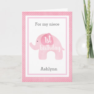Cute Pink Elephant 1st Birthday Niece Card