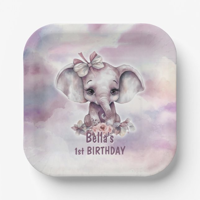Cute Pink Elephant 1st Birthday Paper Plate (Front)