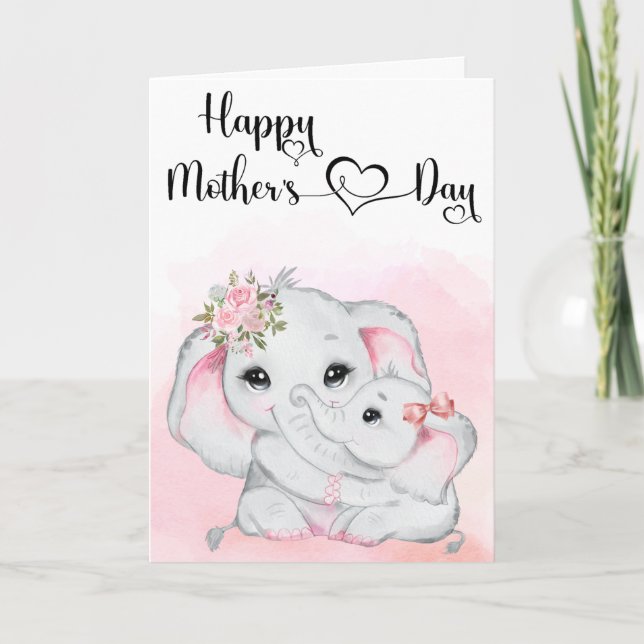 Cute Pink Elephant and Baby Mother's Day  Card (Front)