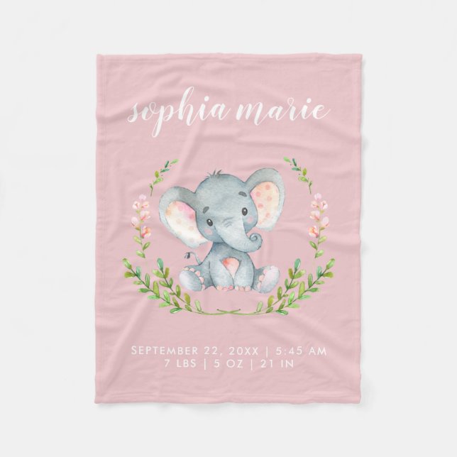 Cute Pink Elephant Baby Girl Birth Stats Fleece Blanket (Front)