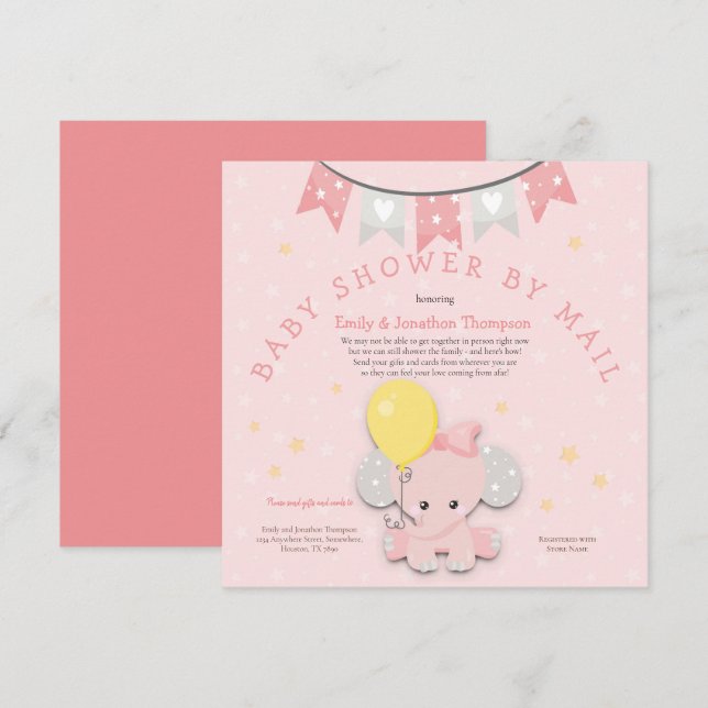 Cute Pink Elephant Baby Shower By Mail Invitation (Front/Back)