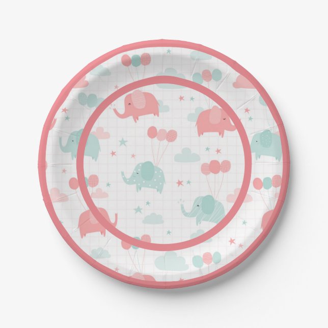 Cute Pink Elephant Baby Shower Paper Plate (Front)