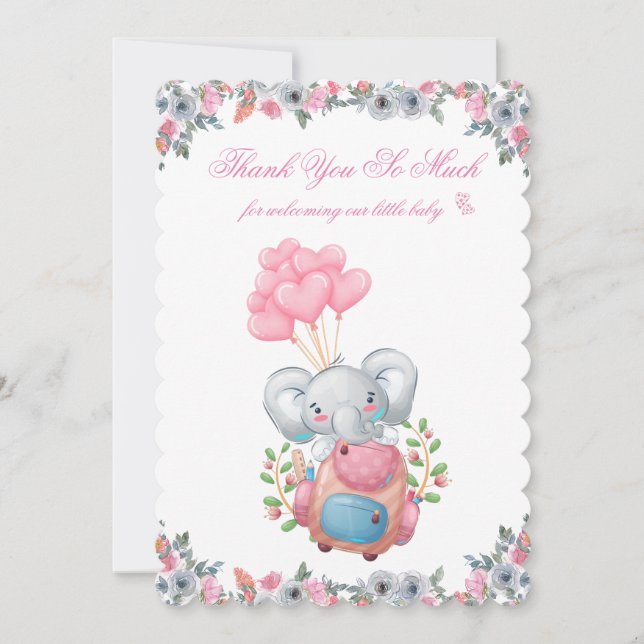 Cute Pink Elephant Baby Shower Thank You Card (Front)