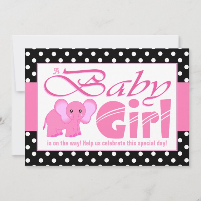 Cute Pink Elephant Black Polka Dots Baby Shower Invitation (Front)