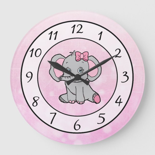 Cute pink elephant children's or baby nursery large clock (Front)