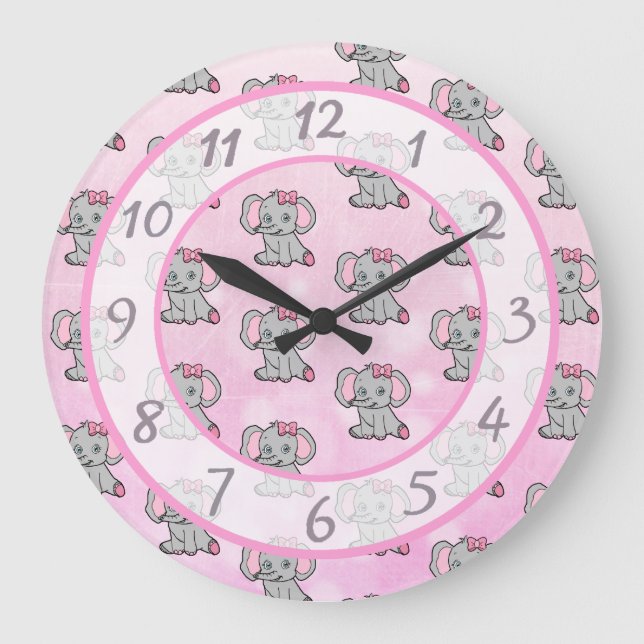 Cute pink elephant children's or baby nursery large clock (Front)