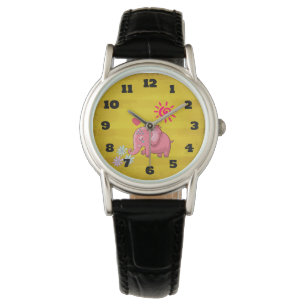 Cute Pink Elephant Doodle Sniffing Daisies Watch