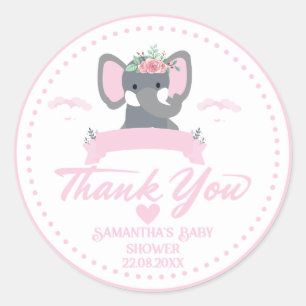 Cute Pink elephant floral thank you baby shower  Classic Round Sticker