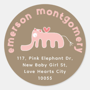 Cute Pink Elephant Girl Baby Birth Return Address Classic Round Sticker
