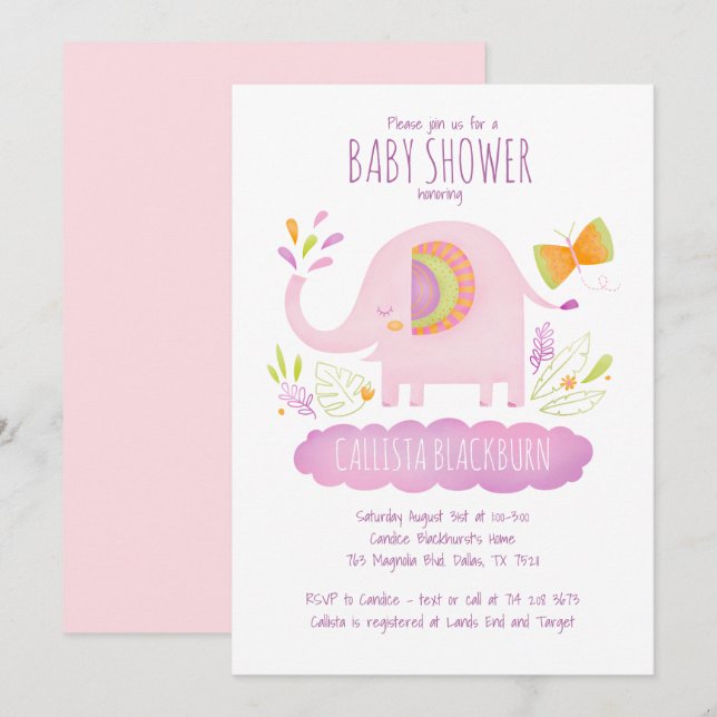 Cute Pink Elephant Girl Baby Shower Invitation (Front/Back)