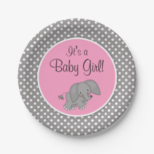 Cute Pink Elephant Girl Baby Shower Paper Plate