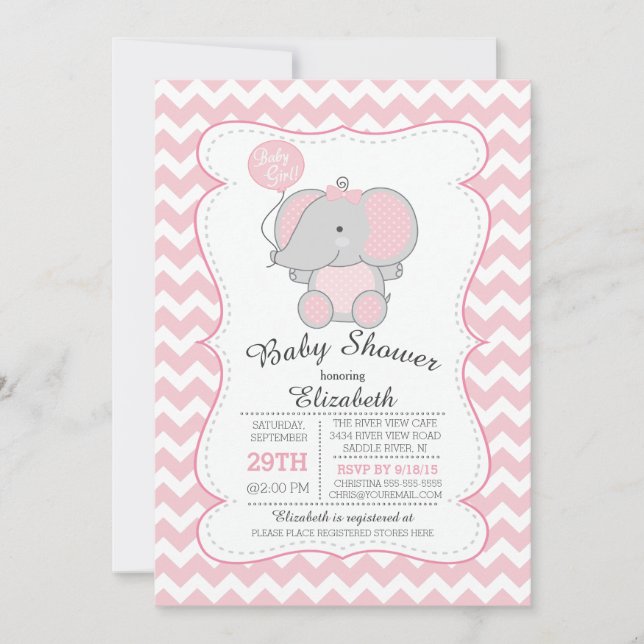 Cute Pink Elephant Girls Baby Shower Invitation (Front)