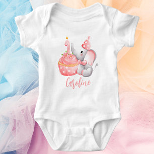 Cute Pink Elephant Modern Baby Girl 1st Birthday Bodysuit
