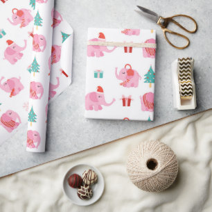 Cute Pink Elephant Modern Christmas Holidays Wrapping Paper