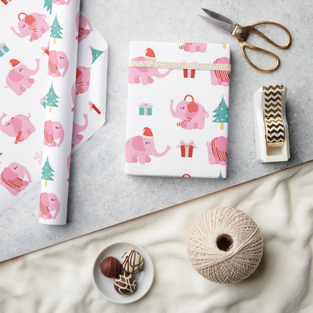 Cute Pink Elephant Modern Christmas Holidays Wrapping Paper (Crafts)