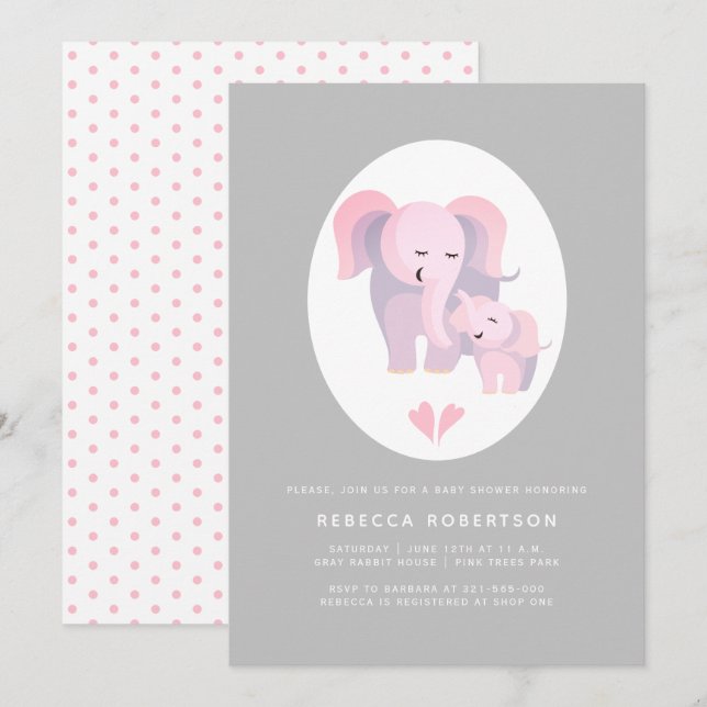 Cute pink elephant mother and baby girl shower invitation (Front/Back)