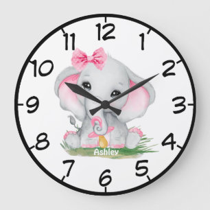 Cute Pink Elephant Pacie Girls Large Clock