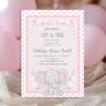 Cute Pink Elephant Polka Dots Flowers Sip See Baby