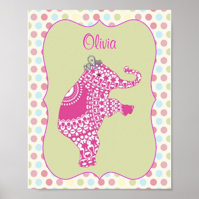 Cute Pink Elephant Princess  Personalised Poster (Front)