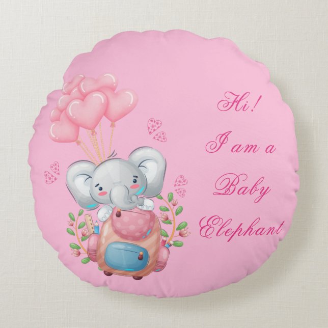 Cute Pink Elephant Round Pillow (Front)