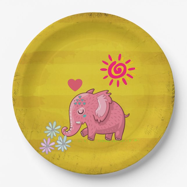 Cute Pink Elephant Smelling The Flowers With Heart Paper Plate (Front)
