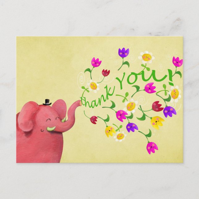 Cute Pink Elephant Thank You Postcard (Front)