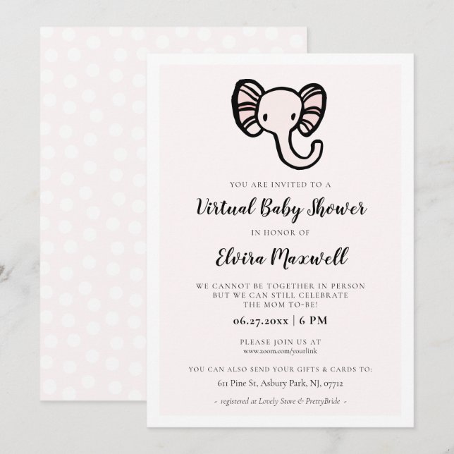 Cute pink elephant Virtual Baby shower Invitation (Front/Back)